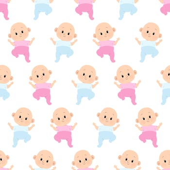Seamless pattern of cute newborn babies in pink and blue clothes on white background vector