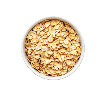 Oat flakes are poured into a transparent bowl with scattered flakes on a plain background for a wholesome breakfast option, Oat flakes in bowl on transparent background png