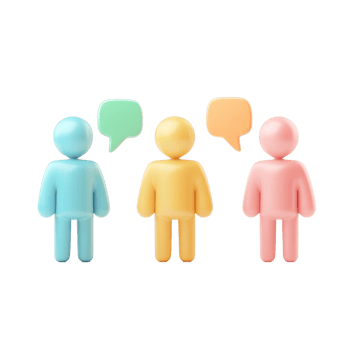 Minimalist icon figures with speech bubbles represent conversation among diverse characters, 3D Minimal Icon Figures with Speech Bubbles Isolated on transparent background png