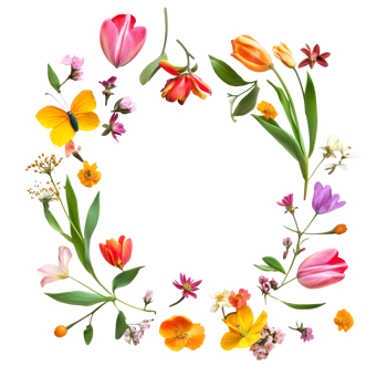 Spring flowers arranged in a circular layout showcasing vibrant colors and natures beauty on a transparent background, Hello Spring concept isolated on transparent background png