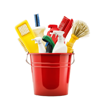 Cleaning supplies and tools arranged in a red bucket on a transparent background for effective home maintenance and cleaning tasks, Cleaning Supplies and Tools in Bucket on transparent background png