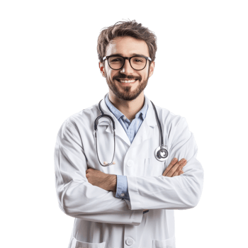 Smiling doctor in a transparent coat with stethoscope poses confidently for healthcare portrait in a bright setting, Professional doctor, medicine and healthcare concept, isolated png