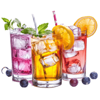 Refreshing summer drinks adorned with ice and fruit slices, perfect for hot days by the pool or beach, Summer drinks with ice on transparent background png