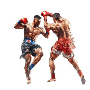 Muay Thai fighters engage in an intense competition on a transparent background showcasing skill and strength, Muay Thai Fighters in Action on transparent background png