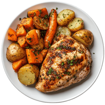 Delicious grilled chicken with roasted carrots and potatoes served on a transparent plate for a healthy meal, Healthy meal with carrot, potatoes and chicken on transparent background png