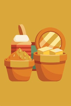 Dairy Products, Butter, Ghee, and Spices in Terracotta Pots vector