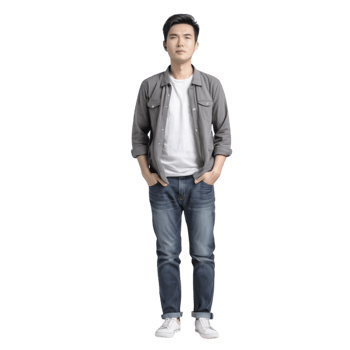 A man in jeans and a white shirt standing in front of a black background png