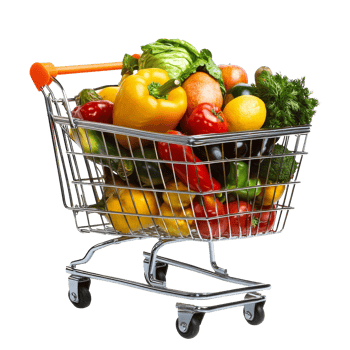 Full shopping cart loaded with fresh vegetables and fruits for a healthy lifestyle choice in the kitchen, file no background Full shopping cart png