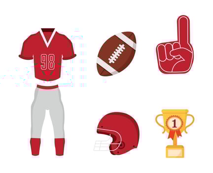 American football set. Football helmet, foam finger, trophy, clothes. Sports equipment. graphics vector