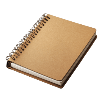 A closed brown paper notebook with a spiral binding resting on a flat surface capturing a simple yet natural aesthetic, Closed brown paper notebook. Realisticphotography isolated on transparent png