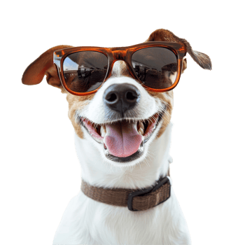 Happy dog enjoying summer vibes wearing stylish sunglasses against a clean transparent background, Funny happy dog wearing sunglasses transparent background png
