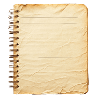 Blank spiral notebook with lined pages resting on a transparent background, showcasing its textured cover and aged appearance, Paper sheet notebook with line on transparent backgroundfile png