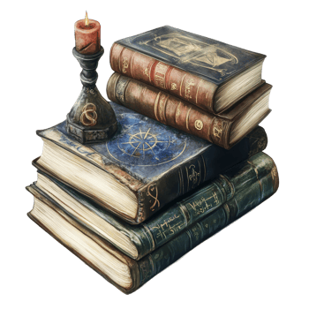 Magical books stacked with a candle, showcasing enchanted stories on a clean transparent background, Enchanted Magic Books Isolated on transparent background png