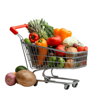 Fresh grocery cart filled with colorful fruits and vegetables for online shopping at home, file no background Online grocery shopping and food delivery app png