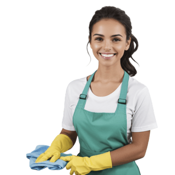 A woman in an apron and rubber gloves holding a cloth png