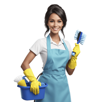 A woman in an apron holding a bucket and cleaning supplies png