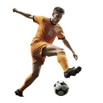 Soccer player kicking the ball on a black background png