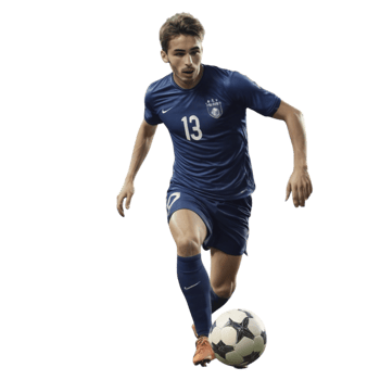 A soccer player in blue uniform is kicking the ball png