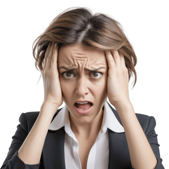 A woman in a business suit holding her head png