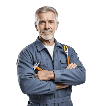 Portrait of a mature man in blue overalls with wrenes on black background png