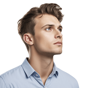 A man in a blue shirt looking up png