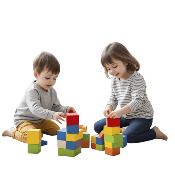 Two children playing with wooden blocks on a black background png