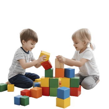 Two children playing with wooden blocks on a black background png