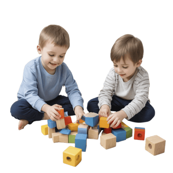Two young boys playing with wooden blocks png