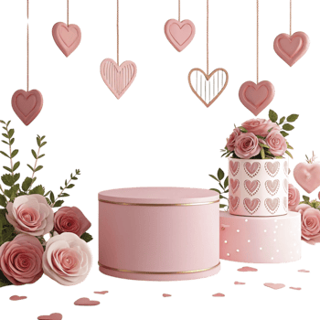 A pink cake with hearts and flowers on a black background png