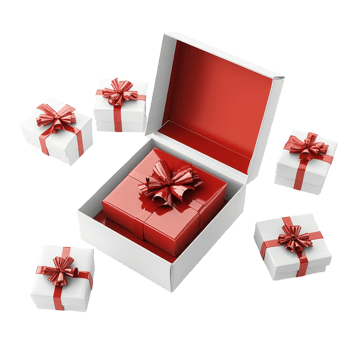 A vibrant red gift box opened among several transparent gift boxes adorned with ribbons during a festive celebration, Red opened gift box with group of transparent gift boxes isolated on transparent png