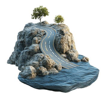 A floating road winding over rocky island terrain during a tranquil day, 3D Illustration of a Floating Road on Rocky Island, Isolated on transparent background Background png