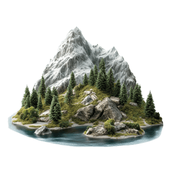 A serene mountain island with lush greenery and rocky shores surrounded by clear water against a transparent background, Mountain Island on transparent background png