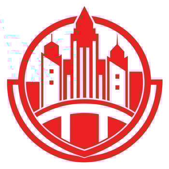 Red geometric logo, city skyline silhouette, skyscrapers, circular emblem, minimalist design, vector