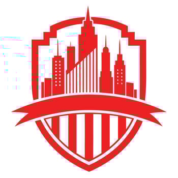 Red logo, city skyline silhouette, skyscrapers, shield shape, geometric design, minimalist, bold graphic vector