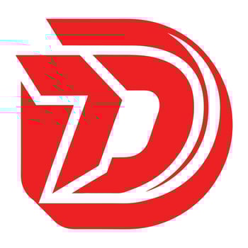 Red and white logo, bold graphic design, minimalist D shape, dynamic curved lines, abstract letterform, vector