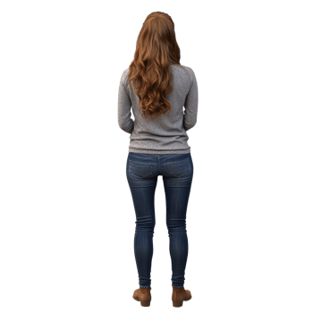 Young woman with long hair in casual attire standing in a relaxed pose indoors during daytime, Young woman standing back view file no background png
