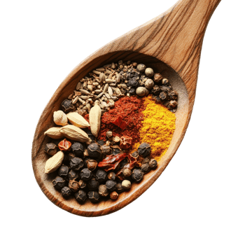 Colorful spices in a wooden spoon highlight the essence of culinary arts and flavor exploration, Wooden Spoon filled with colorful spices png