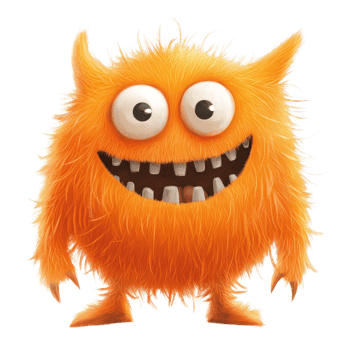 A cheerful orange furry monster smiles joyfully, showcasing its playful nature in a vibrant cartoon style, Happy Orange Furry Monster Cartoon Illustration on transparent background png