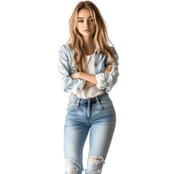 Young woman in casual jeans poses confidently against a clean transparent background, young pretty woman in jeans isolated on transparent background png