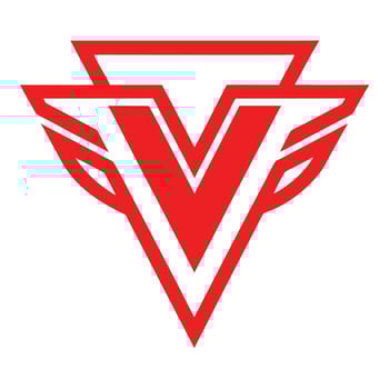 Red geometric logo, stylized V shape, wings, triangular design, bold lines, minimalist, sharp angles vector