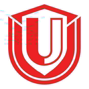 Logo design, minimalist, letter U, shield shape, red and white color scheme, bold lines, geometric, vector