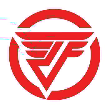 Red geometric logo, circular emblem, stylized letter F, abstract wings vector