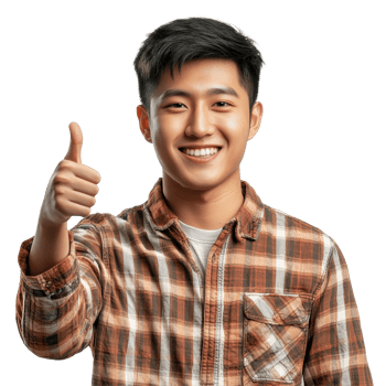 Young Asian man smiling and giving a thumbs up against a light background in a casual plaid shirt, Happy handsome young Asian man showing thumb up isolated transparent background png