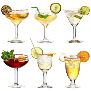 A vibrant collection of six margarita cocktails showcasing diverse flavors and garnishes on a transparent background, margarita cocktail tequila isolated on transparent background png