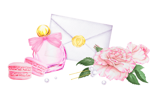 Romantic watercolor illustration featuring pink macarons, an elegant perfume bottle with a bow, an envelope sealed with a heart stamp and delicate roses. Wedding or festive clip art. Isolated, cut out png