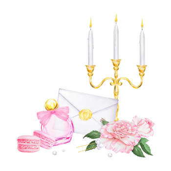 Watercolor illustration featuring golden candelabra with lit candles, pink macarons, elegant perfume bottle with bow, envelope sealed with a heart stamp and roses. Wedding clip art. Isolated, cut out png