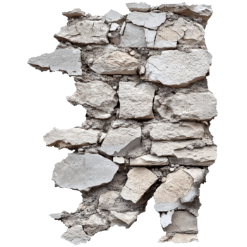 Damaged stone wall with a transparent background revealing broken pieces and irregular shapes from color collection, damaged orbroken stone wall,transparent background png