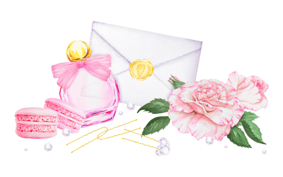 Watercolor clip art of pink macarons, a perfume bottle with a bow, an envelope sealed with a heart stamp, and soft pink roses with golden details. Elegant wedding or romantic scene. Isolated, cut out png