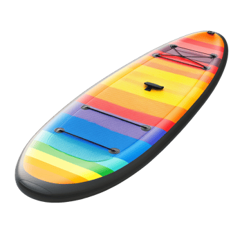 Colorful paddle board with vibrant stripes resting on a transparent background, perfect for summer water activities and outdoor adventures, Colorful paddle board isolated on transparent background png