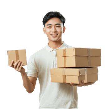 Happy young Asian man celebrating delivery of packages while giving a thumbs up in a bright setting, Happy young Asian man thumb up and holding package parcel boxs isolated on transparent background png